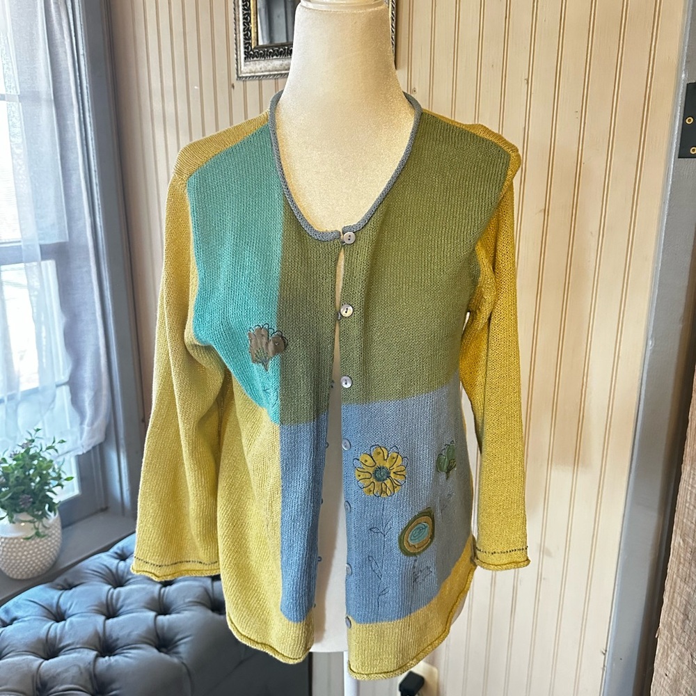 Vintage Sigrid Olsen Sport Cardigan Sweater Medium Floral Patchwork Cottagecore - Picture 2 of 9